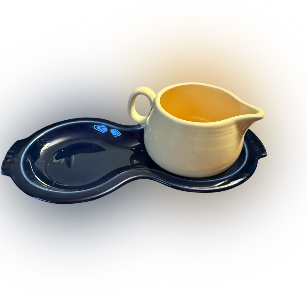 Vintage Fiesta Ware Yellow Creamer with Navy Underplate Tray Homer Laughlin MCM